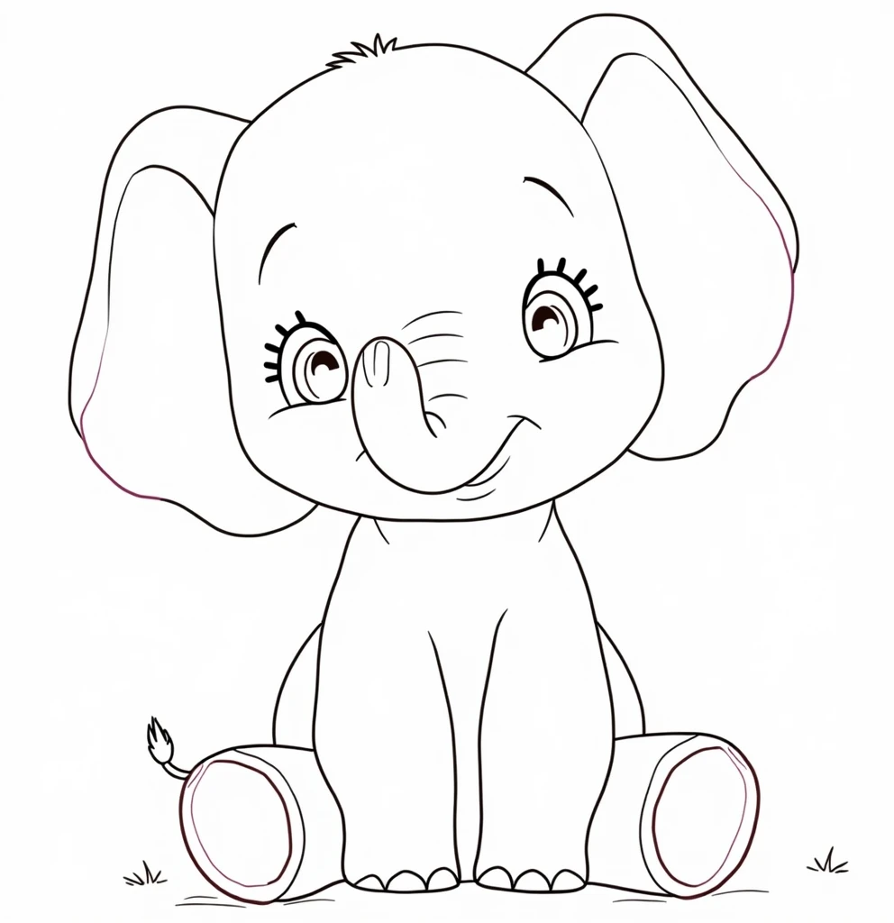 Cute baby elephant, sitting on the ground with its trunk raised and waving, in a simple flat cartoon style, against a white background, with no shadow. The color of the cute gray elephant is gray, with pink ears and eyes, and a smiling facial expression, showing its small teeth. It has soft lines and smooth edges, in a cartoon animal illustration style, with a simple design, in a vector file format, at high resolution, and of professional quality.