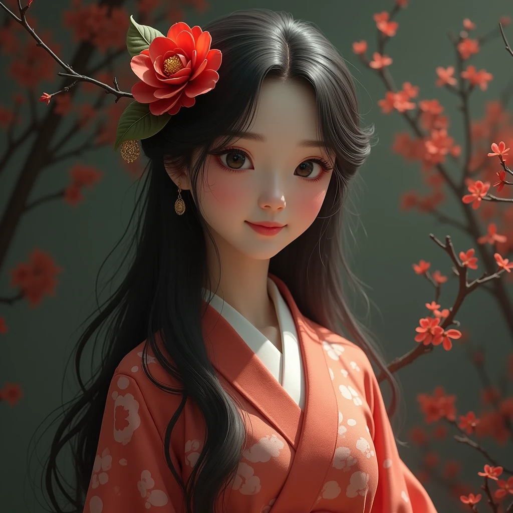 One Girl, High resolution,alone, One Girl, High resolution, Long Hair, smile, Personification of camellia、Black Hair、kimono、Bright red camellia、dim、High resolution, masterpiece, Highest quality, Anatomically correct, detail, 高いdetail, Very detailed, abstract,