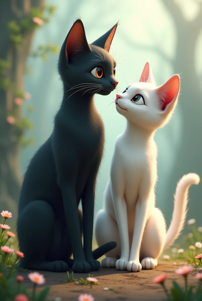 Tall, thin teenage black cat with black and white eyes and straight hair with a short, thin teenage white cat with brown eyes and curly hair
