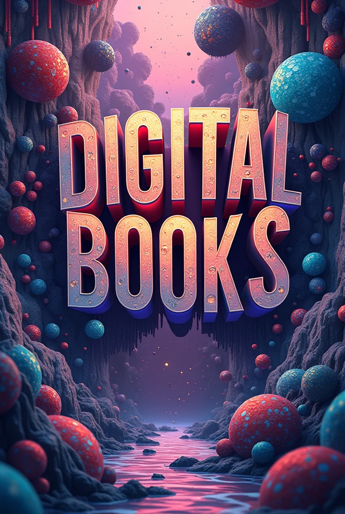 An incredibly eye-catching and very creative cover that says "digital books" with letters with perspective. Include more elements that have too much creativity with a psychedelic and EYE-CATCHING style.