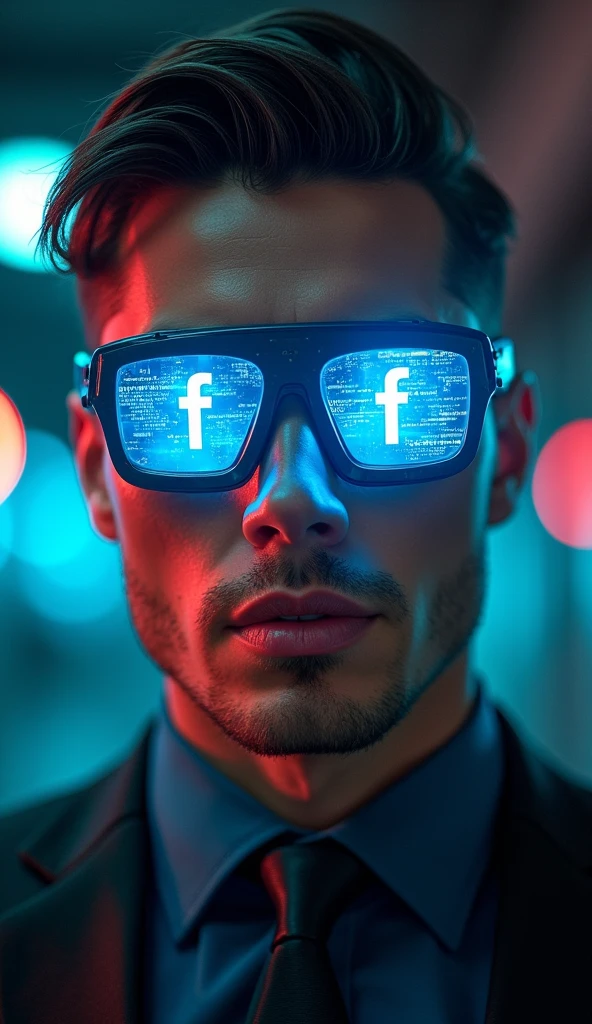 A handsome and elegant man wearing futuristic cyber glasses., portrait photography, hyperrealistic digital art, cinematic lighting, Close-up focusing on the detailed face and glossy lips., cyber-punk aesthetic, Holographic data display on glasses with visible text &#39;facebook&#39;, 8k resolution, Photorealistic 3D rendering, shallow depth of field, dramatic shadows and lights, shiny textures, intricate details in the skin and hair, high contrast, vibrant colors, Lens flare effect, motion blur background, subtly visible cybernetic implants, Ultra-sharp focus on the eyes, Metallic shine on the glasses frame, retouched for perfection, Studio lighting setup, Captured with a high-end DSLR camera, Post-processed in advanced 3D software for greater realism and depth..