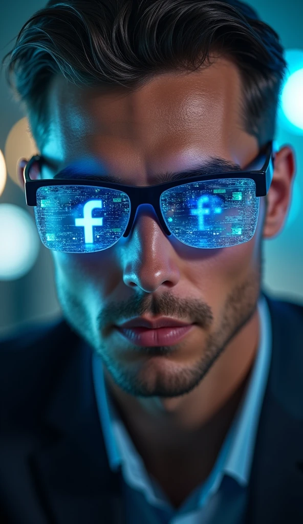A handsome and elegant man wearing futuristic cyber glasses., portrait photography, hyperrealistic digital art, cinematic lighting, Close-up focusing on the detailed face and glossy lips., cyber-punk aesthetic, Holographic data display on glasses with visible text &#39;facebook&#39;, 8k resolution, Photorealistic 3D rendering, shallow depth of field, dramatic shadows and lights, shiny textures, intricate details in the skin and hair, high contrast, vibrant colors, Lens flare effect, motion blur background, subtly visible cybernetic implants, Ultra-sharp focus on the eyes, Metallic shine on the glasses frame, retouched for perfection, Studio lighting setup, Captured with a high-end DSLR camera, Post-processed in advanced 3D software for greater realism and depth..