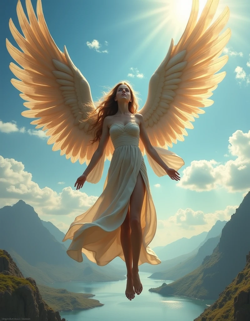 WINGED WOMAN, HUGE LONG HAIR, LIGHT BROWN HAIR, HUGE BROWN FEATHERS, LONG BEIGE DRESS, LONG FLARE SLEEVES, PALE SKIN, BLUE EYES, LOOKIING UP, HIGH CHEEKBONES, ROSY CHEEKS, MENTAL FORAMEN, ENIGMATIC FACE EXPRESSION, MUSCLES, SUN, STRONG BACK LIGHTS, BLUE SKY, CLOUDS, RIVER, ANGEL FROM HEAVEN,FLYING WINGGED WOMAN,