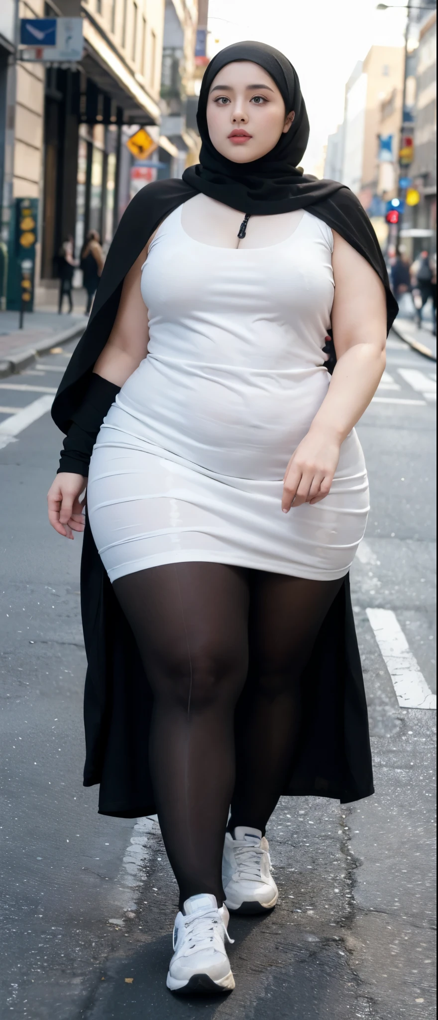 Milky white skin woman in black dress and hijab walking down the street, ,  hijab outfit, ,  hijab fashion model, plus size, plus size woman, ,  woman in black robes, beautiful woman, thicc, black outfit,, bbwchan , white sneakers , Height 170 cm, beautiful woman, with a beautiful appearance, a very beautiful masterpiece, a masterpiece of art, good lighting, Bright colors, Clean lines