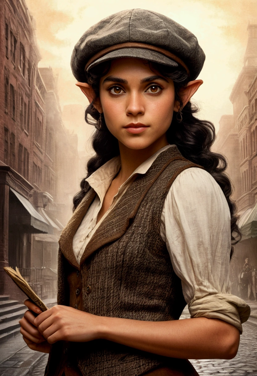 An illustrated movie poster, hand-drawn, full color, an elven maiden, wearing a tweed vest and a newsie cap, tall, toned, amazonian stature, athletic hourglass figure, long pointy elf ears, amber eyes, dark hair, curly bob cut, warm almond skintone, freckles, resembles Adria Arjona, standing on a foggy Victorian-era street corner, graphite shading, stencil marks, airbrushed acrylic paint, masterpiece, elf ears
