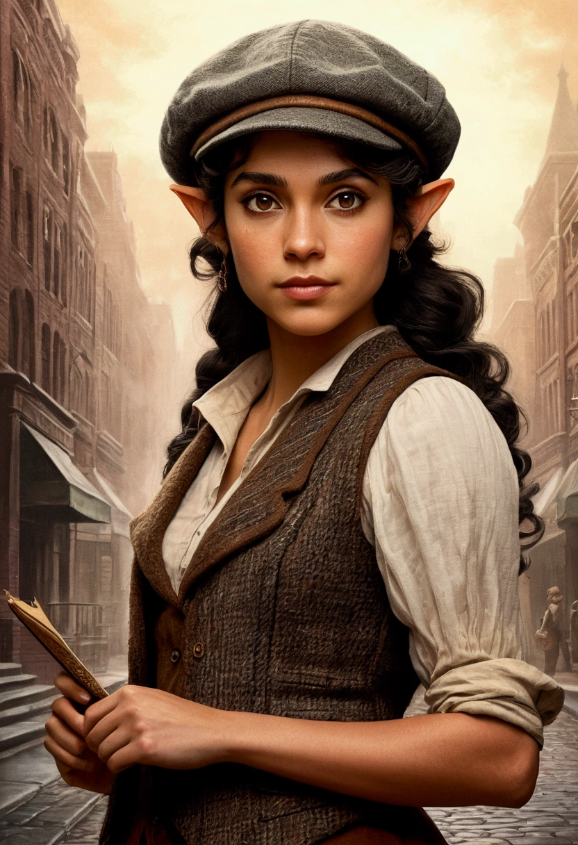 An illustrated movie poster, hand-drawn, full color, an elven maiden, wearing a tweed vest and a newsie cap, tall, toned, amazonian stature, athletic hourglass figure, long pointy elf ears, amber eyes, dark hair, curly bob cut, warm almond skintone, freckles, resembles Adria Arjona, standing on a foggy Victorian-era street corner, graphite shading, stencil marks, airbrushed acrylic paint, masterpiece, elf ears