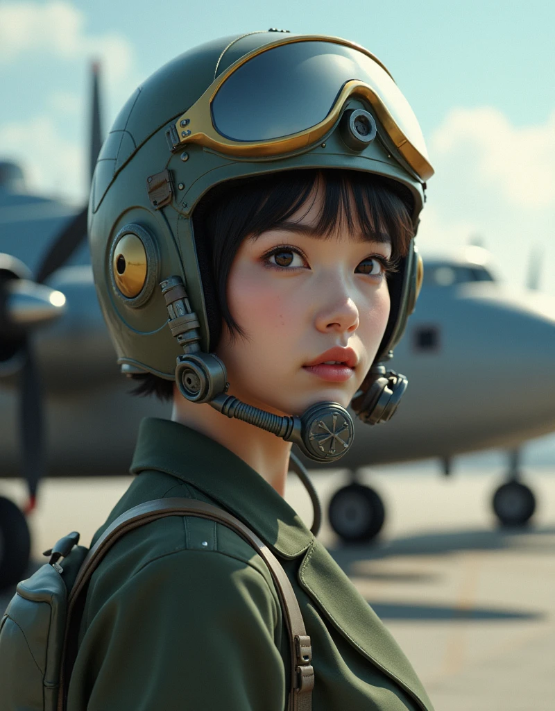 ultra-realistic, photorealistic, actual picture, beautiful Japanese girl, beginner military pilot of the Japanese flying boat, she is so nervous, she is about to get on the Japanese military flying boat at airport, four propeller engines, dramatic scene, masterpiece, face focus, flight helmet, breathe mask, military pilot's flight suits,