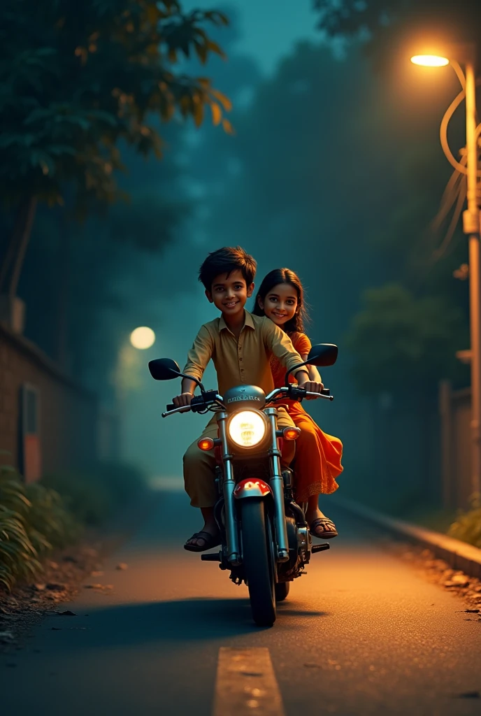 Indian boy traditional girl on spoorts
bike single light the road night time