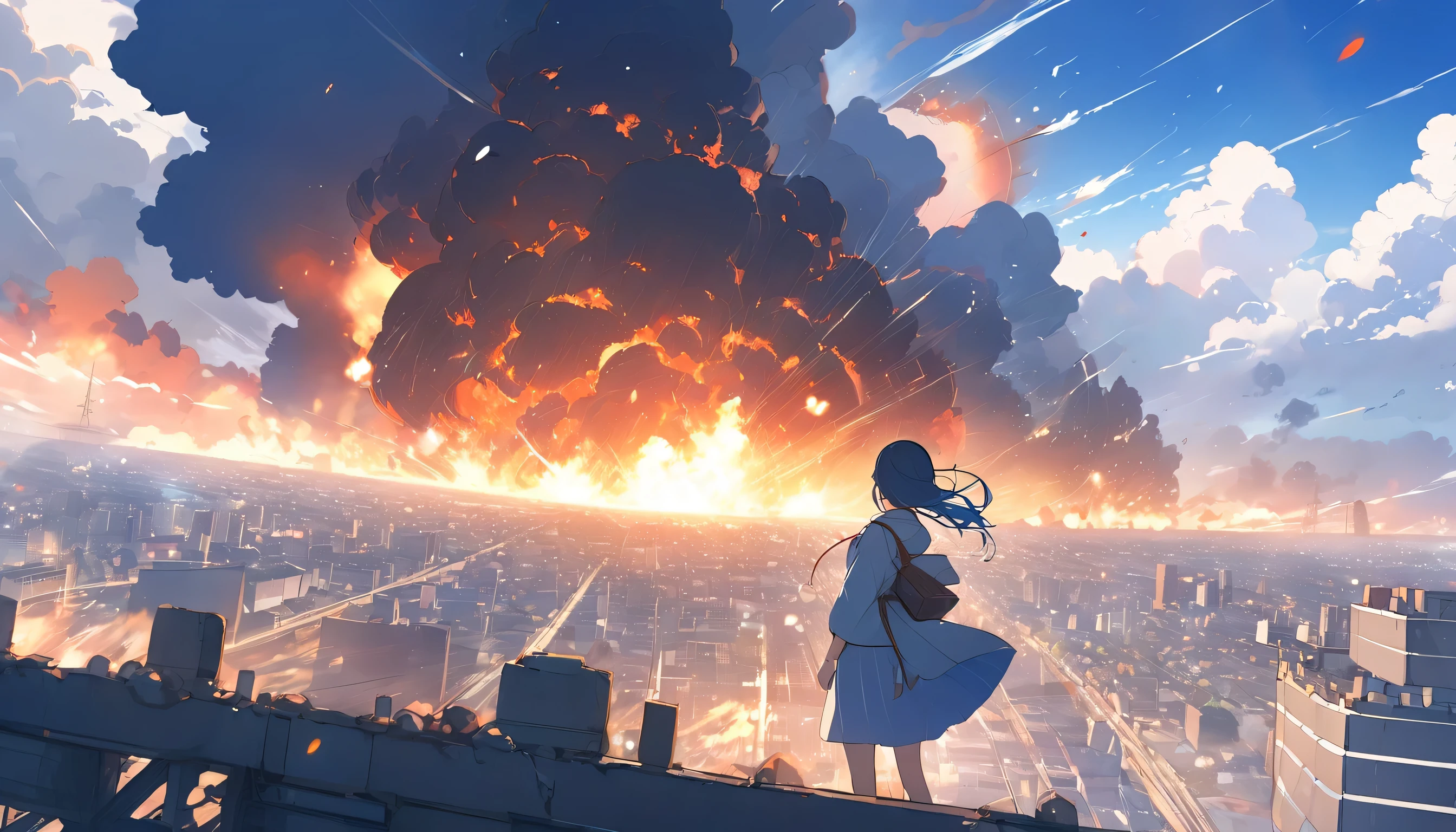 High definition、high resolution、Masterpiece、Japanese castles collapse、blue sky、City、Osaka City、Big Explosion、City、fire、Woman gazing in the distance、Makoto Shinkai style、