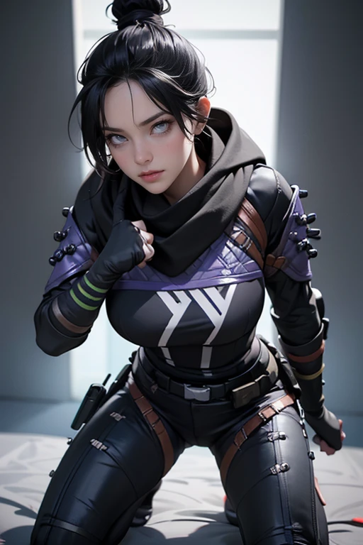 photo by full body, wraith (apex legends), huge boobies, athletic body, 1 girl, solo, hair bun simples, hair bun, scarf,  Bblack hair, black scarf, blue colored eyes, bangss, bangss distributed, Hair behind the ear, mitts, piercing no nariz, mitts pretas, High detail, alta qualidade, melhor qualidade, 1080P, 16k, realista, 8k, Cinema 4D, Artgerm extremamente detalhado, [ Arte Digital 4K ]