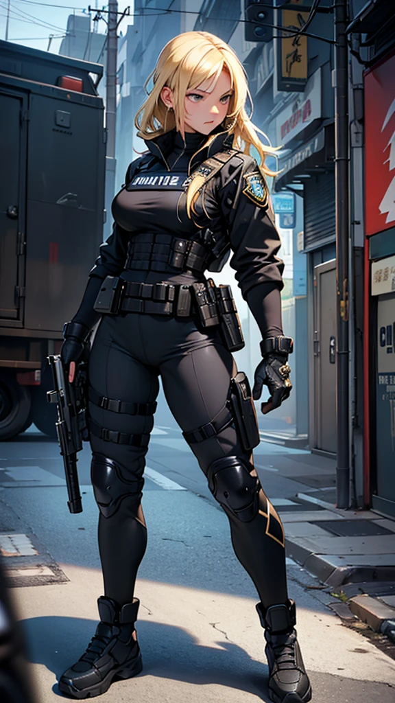 Beautiful girl realistic masterpieces full figure pose (best quality,ultra-detailed), blonde hair, fair skin, fit body, slim figure, narrow waist, (cocky expression), full body coverage tactical black SWAT uniform with police insignia
