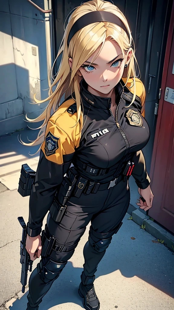 Beautiful girl realistic masterpieces full figure pose (best quality,ultra-detailed), blonde hair, fair skin, fit body, slim figure, narrow waist, (cocky expression), full body coverage tactical black SWAT uniform with police insignia