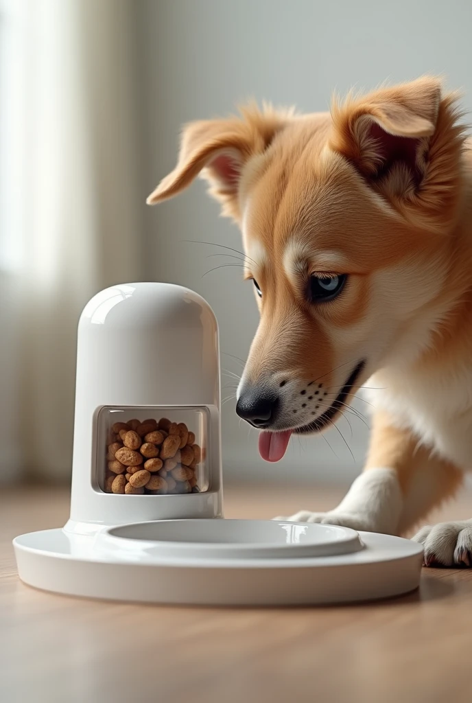 masterpiece、 Highest quality, Highly detailed、8k、 High resolution, Dog Food Dispenser、Stored bait、Empty food dish、Dog staring and drooling、