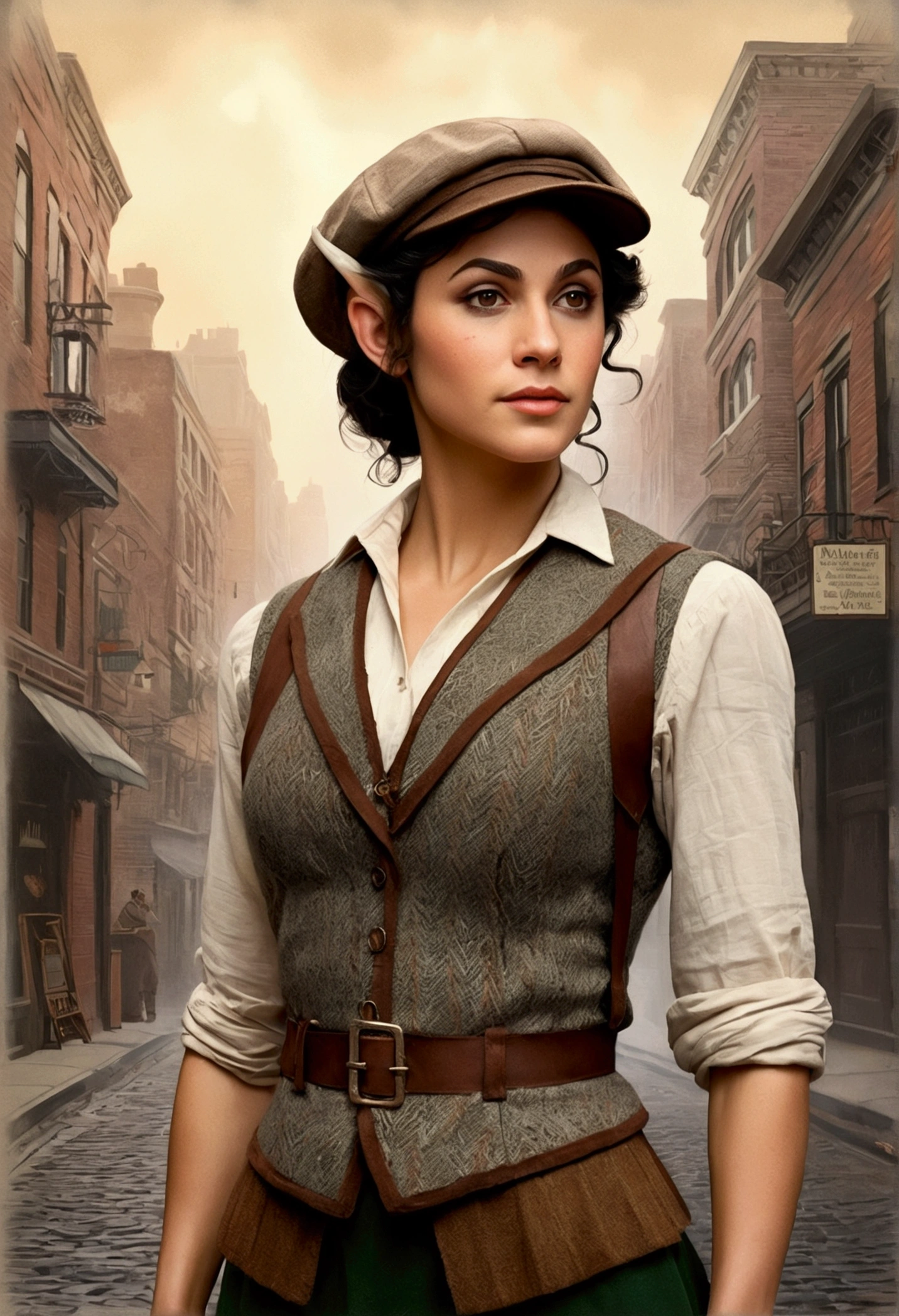 An illustrated movie poster, hand-drawn, full color, an elven maiden, wearing a tweed vest and a newsie cap, tall, toned, amazonian stature, athletic hourglass figure, busty bosom, long pointy elf ears, amber eyes, dark hair, curly bob cut, warm almond skintone, freckles, resembles Adria Arjona, standing on a foggy Victorian-era street corner, graphite shading, stencil marks, airbrushed acrylic paint, masterpiece, elf ears