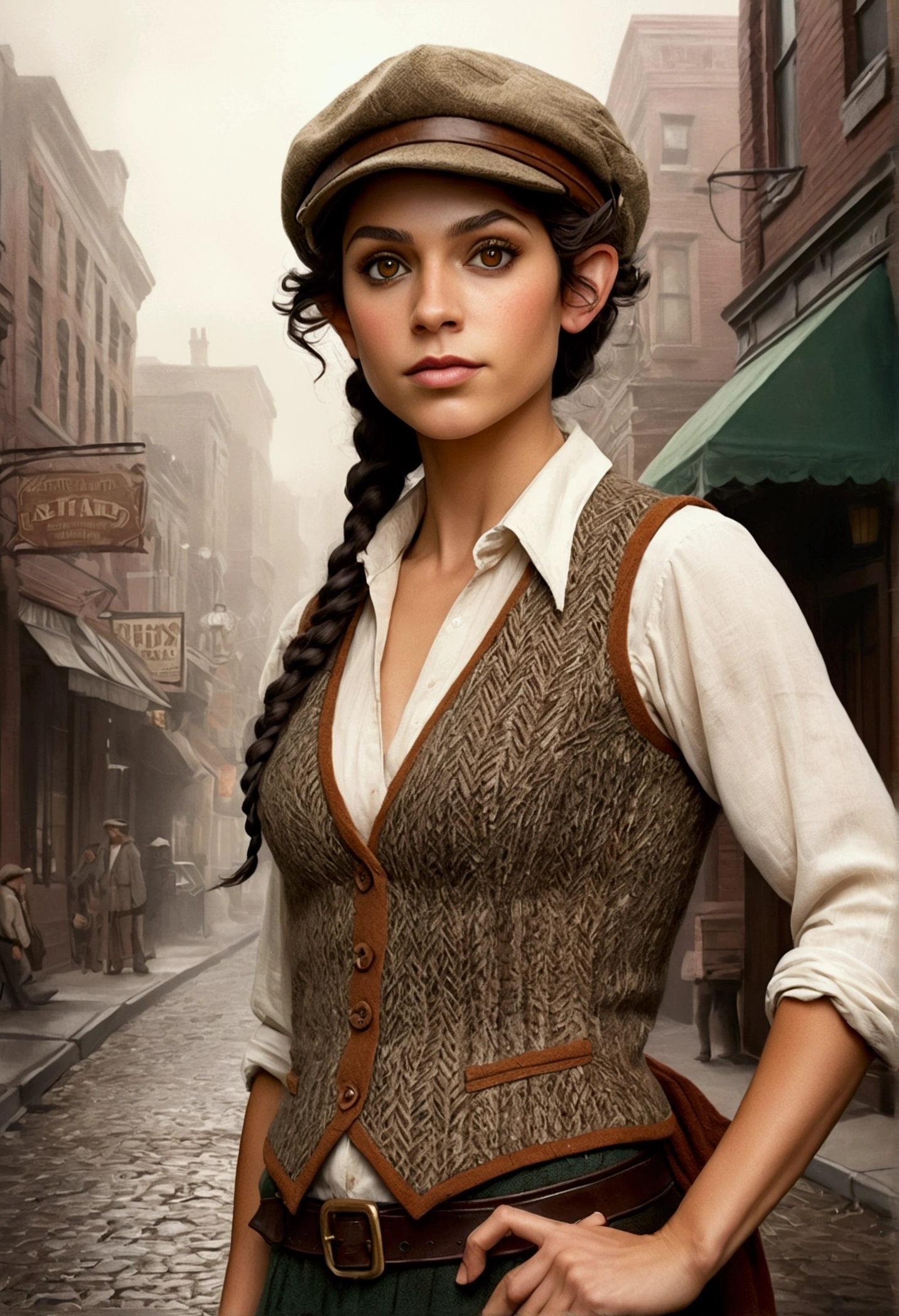 An illustrated movie poster, hand-drawn, full color, an elven maiden, wearing a tweed vest and a newsie cap, tall, toned, amazonian stature, athletic hourglass figure, busty bosom, long pointy elf ears, amber eyes, dark hair, curly bob cut, warm almond skintone, freckles, resembles Adria Arjona, standing on a foggy Victorian-era street corner, graphite shading, stencil marks, airbrushed acrylic paint, masterpiece, elf ears