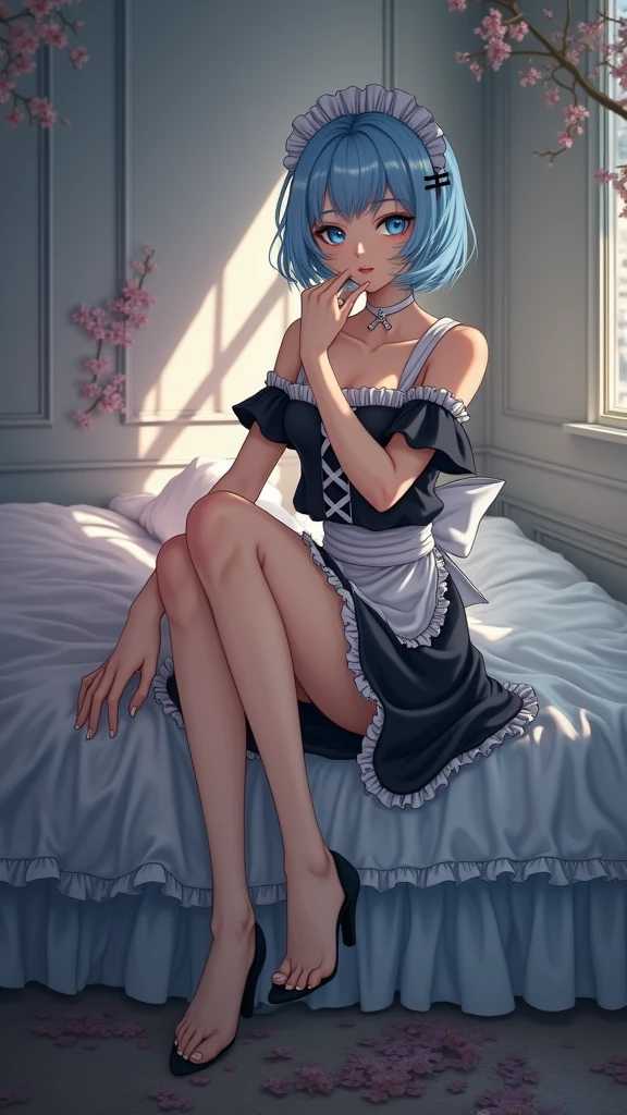 Poster, text, cover, ((poster cover)), ((magazine cover)), masterpiece, superlative, spring dress, colored hair, magazine cover, upper body, 1 girl, maid outfit, light blue short hair, black outfit, maid outfit, bed, exposed shoulders, blue eyes, hairpins, full body, sitting on bed, ((bangs comb on the right))), window, sunlight, (symmetrical eyes) magazine cover, upper body