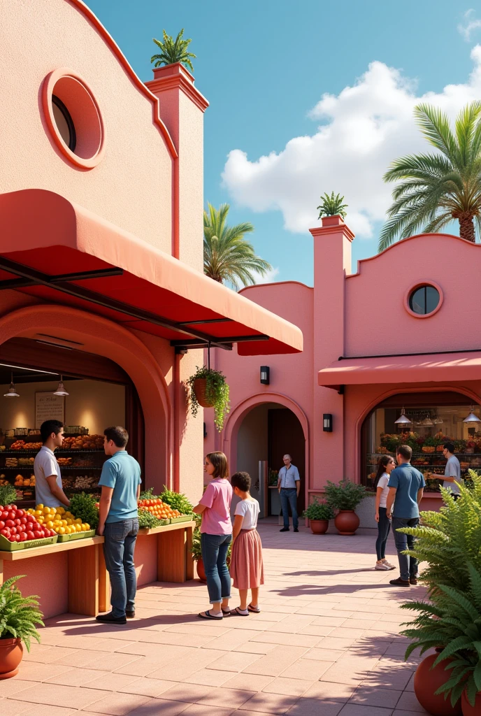 Commercial premises with sale of fruits and vegetables in a market with dimensions of 6x4 meters, Modern Mexican style with pink quarry facade in light colors with inclined front overhang of annealed red clay tiles, in front of each store, a staff person inviting people to enter and inside each store, a couple or family buying.
