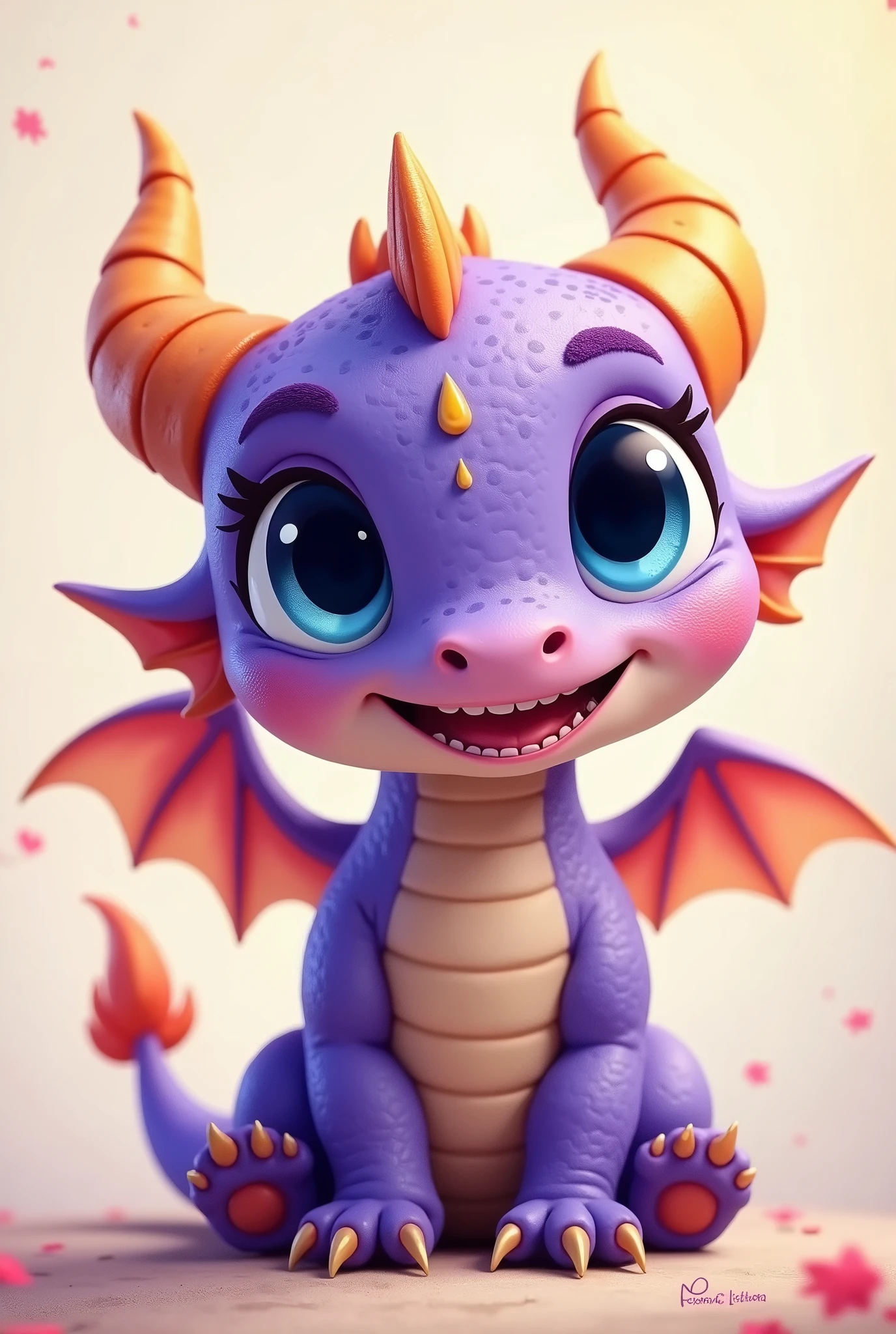Smiling purple  dragon with small wings, blue eyes, small hands, and very small yellow horns 