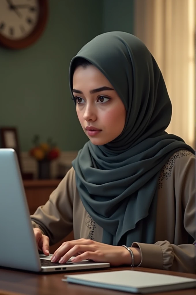 A hijabi woman working on laptop
