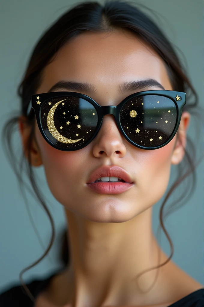 The model is wearing glass sunglasses with stars and the moon on the glass