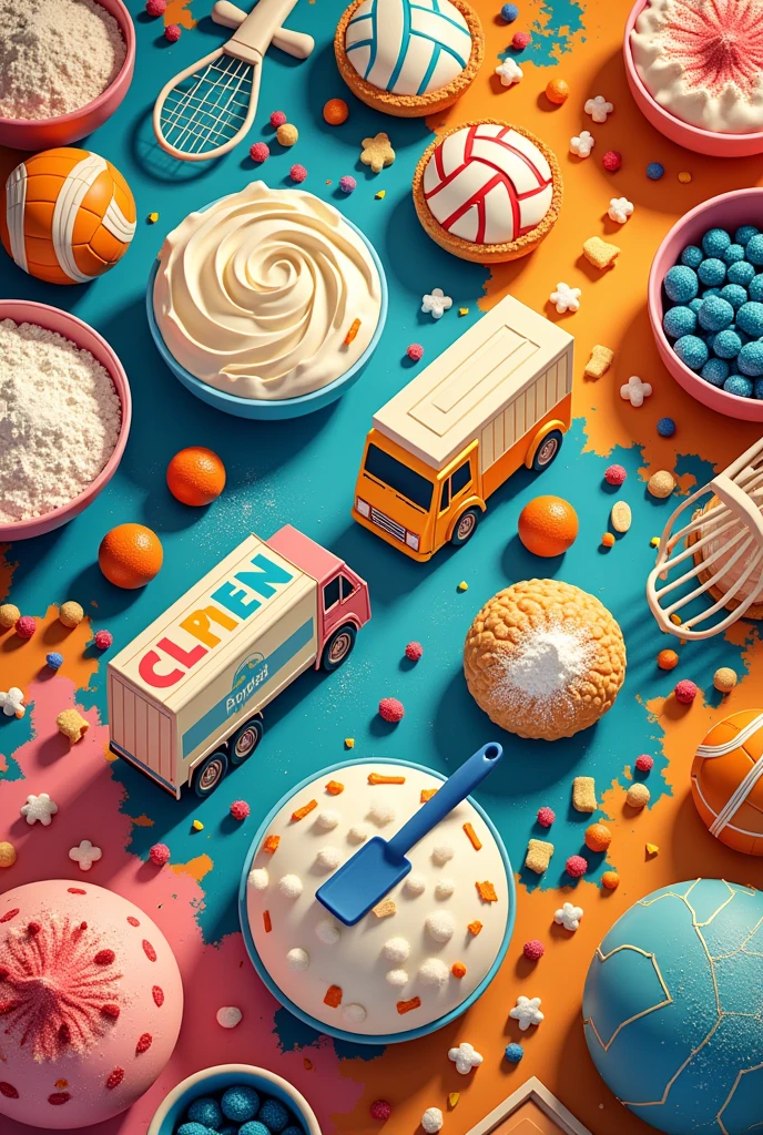 You can create a wallpaper for someone who loves baking and volleyball. I want you to include images of all of that., I don&#39;t want a person, I want a fund, I want everything I said to be equally noticeable and also include something about logistics and transportation. I want more colors. 
