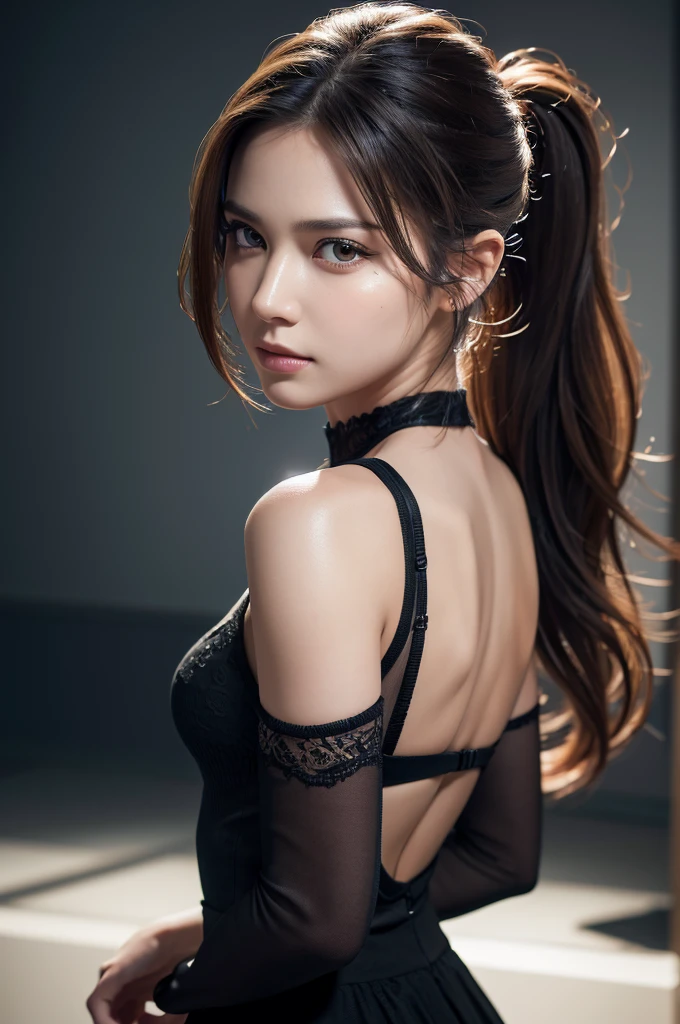 Close-up of a woman with a ponytail and a black dress, dynamic pose, (masterpiece, .CGI:1.4),(8K raw photo, best quality, masterpiece:1.2) super detailed official art,photorealistic:1.37, (outstanding, professional), masterpiece, best quality, ultra detailed,highres,high-resolution,4K,4Kportrait,8K,8Kportrait,unity8Kwallpaper,extremely detailed CG, realistic, RAW photo, real person, portrait photography, photorealistic, shiny skin, detailed skin, dynamic angle full body and dynamic angle wide shot, dynamic angle close-up, dynamic angle upper body, dynamic angle from above, dynamic angle from behind. supermodel, (Photorealistic:1.4), beautiful detailed, highly detailed eyes and face, beautiful detailed eyes, ridiculous, incredibly ridiculous, super detailed, high resolution, highly detailed, top quality, masterpiece, illustration, highly detailed, CG, unified, 8K wallpaper, amazing, fine detail, masterpiece, top quality, highly detailed CG unified 8K wallpaper, face light, movie lighting, surrealistic female portrait, magic lights, 32K resolution, action poses, realistic photography, dynamic lighting, art station, volume lighting, highly detailed face, awarded, shadows.