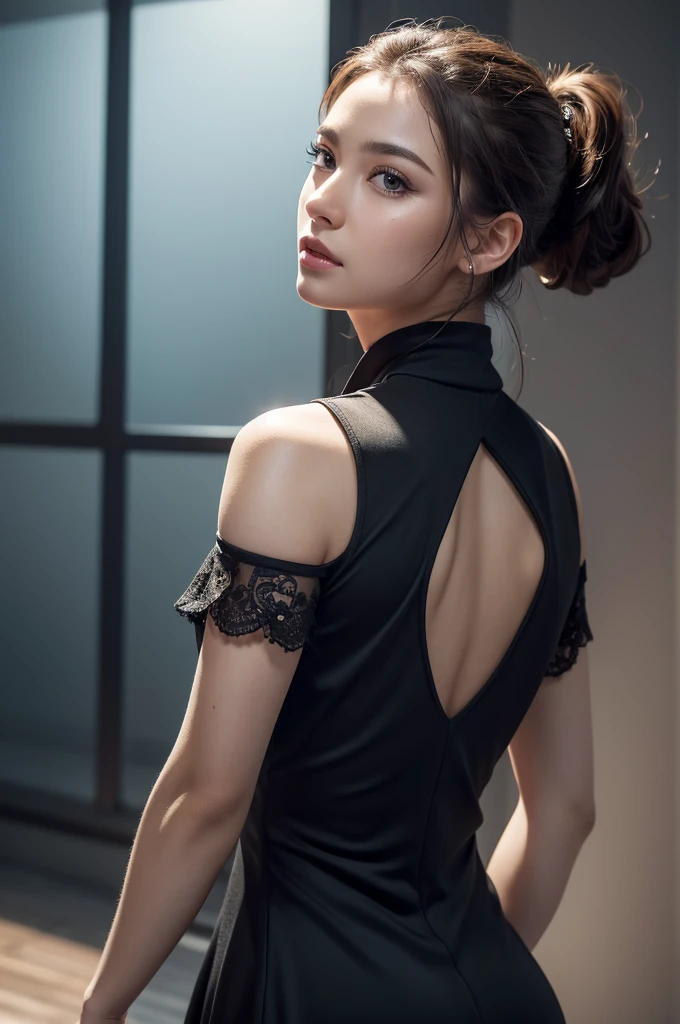 Close-up of a woman with a ponytail and a black dress, dynamic pose, (masterpiece, .CGI:1.4),(8K raw photo, best quality, masterpiece:1.2) super detailed official art,photorealistic:1.37, (outstanding, professional), masterpiece, best quality, ultra detailed,highres,high-resolution,4K,4Kportrait,8K,8Kportrait,unity8Kwallpaper,extremely detailed CG, realistic, RAW photo, real person, portrait photography, photorealistic, shiny skin, detailed skin, dynamic angle full body and dynamic angle wide shot, dynamic angle close-up, dynamic angle upper body, dynamic angle from above, dynamic angle from behind. supermodel, (Photorealistic:1.4), beautiful detailed, highly detailed eyes and face, beautiful detailed eyes, ridiculous, incredibly ridiculous, super detailed, high resolution, highly detailed, top quality, masterpiece, illustration, highly detailed, CG, unified, 8K wallpaper, amazing, fine detail, masterpiece, top quality, highly detailed CG unified 8K wallpaper, face light, movie lighting, surrealistic female portrait, magic lights, 32K resolution, action poses, realistic photography, dynamic lighting, art station, volume lighting, highly detailed face, awarded, shadows.