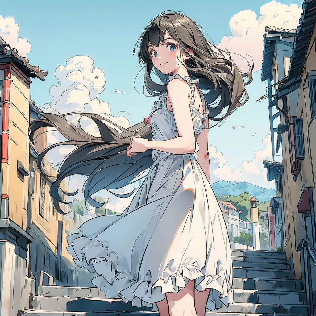 very cute and beautiful girl,,White sundress with ruffles,(Very detailed美しい顔),
walk up the slope to the top of the hill,(Mediterranean cityscape by the sea),distant port,Beautiful summer sky,
Cowboy Shot,(smile:1.2),(Recall,From behind),Wavy black hair,Dynamic Angle,View your viewers,
(Highest quality,masterpiece:1.2),Absurd,High resolution,Very detailed,Very detailed,32K,8k resolution,
Intricate details,Movie Scenes,Detailed Background,alone,Dynamic Angle,
Natural light,Hair blowing in the wind,Perfect hands,