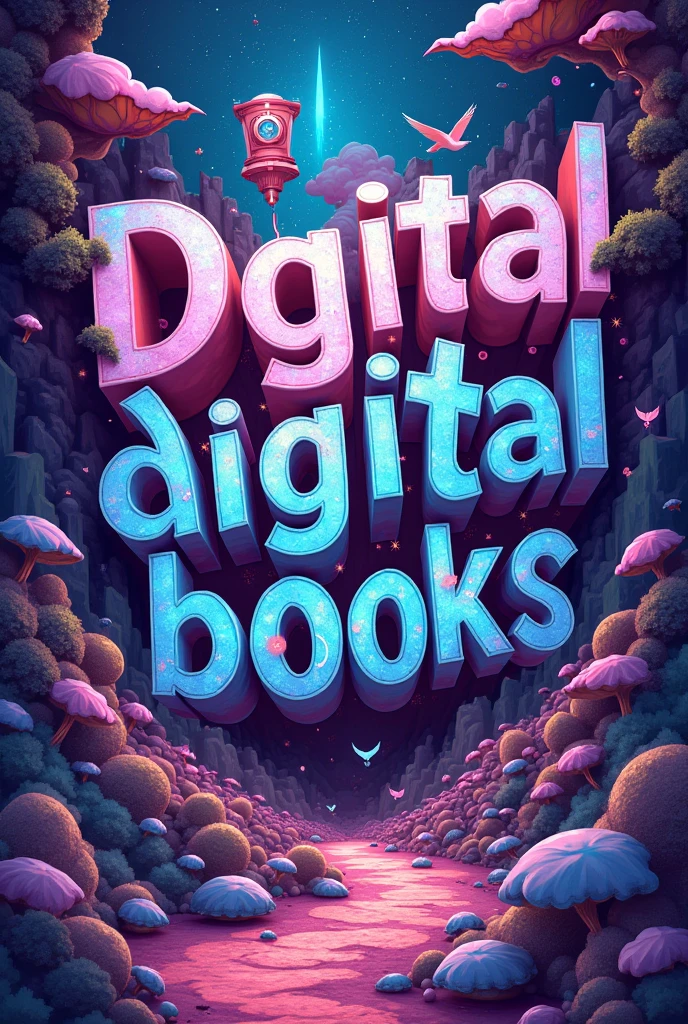 An incredibly eye-catching and very creative cover that says "digital books" with letters with perspective. It includes more elements related to reading that are very creative with a psychedelic and EYE-CATCHING style.
