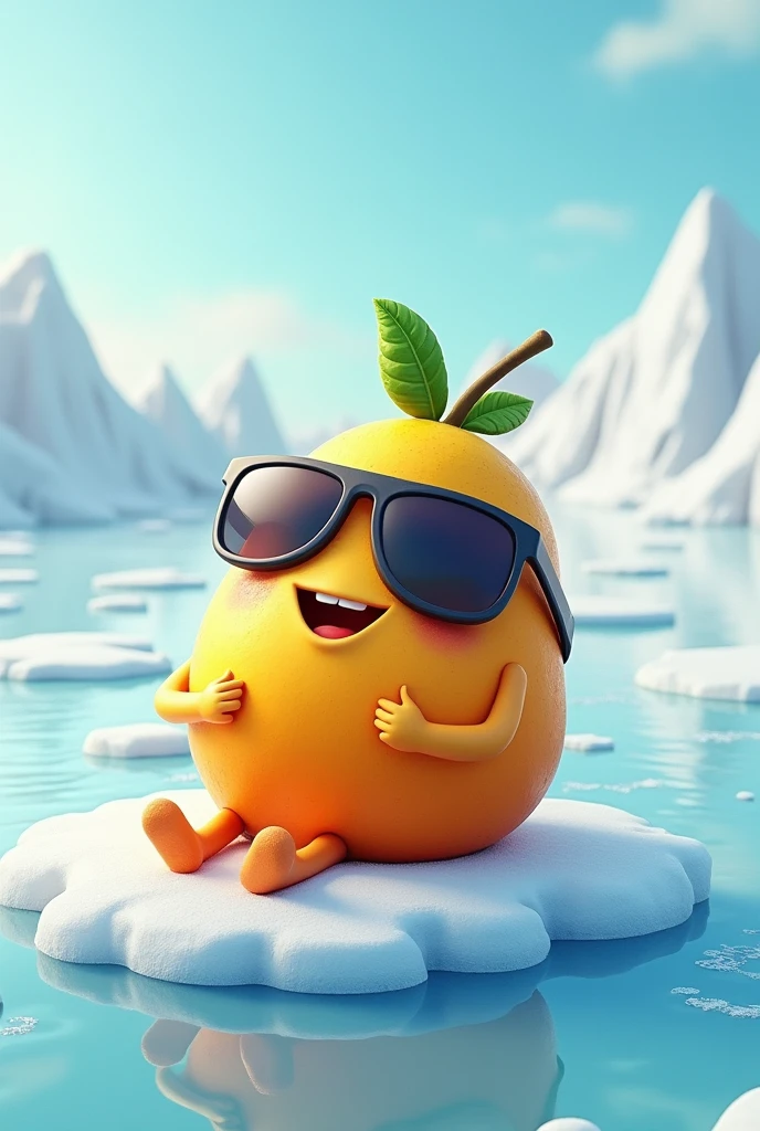 Create a Mango character with sunglasses, lay down on frozen ice, happy and smile, top angle, cool pose