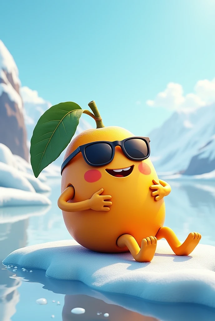 Create a Mango character with sunglasses, lay down on frozen ice, happy and smile, top angle, cool pose