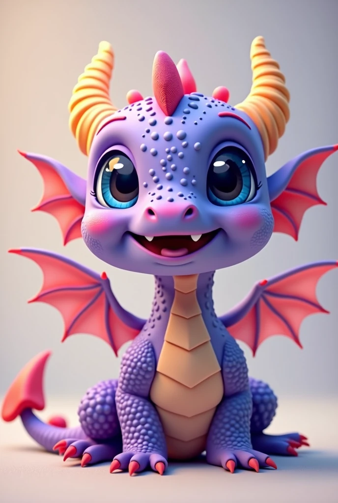 Smiling purple  dragon with small wings, blue eyes, small hands, and very small yellow horns 