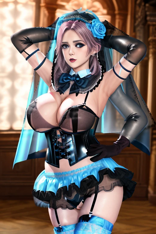 1girl ,(fusion of black mourning-dress and black wedding dress:1.2), (gothic ta:1.3), (light-blue and black theme:1.3), ((black mourning-veil, black see-through wedding-veil):1.5), ((black latex corset, light-blue breast-cup):1.4), (short puff-sleeve:1.3), ((white collar, tie-bow):1.3), ((ruffle-skirt, multilayer-skirt):1.4), ((stockings, garter belt):1.3), (see-through long gloves:1.3), (blue rose decoration on head:1.3), ,, huge breasts,mature women, elise