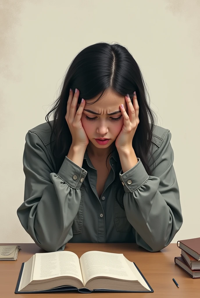 A frustrated young woman holding his head crying study  book in the table back side
