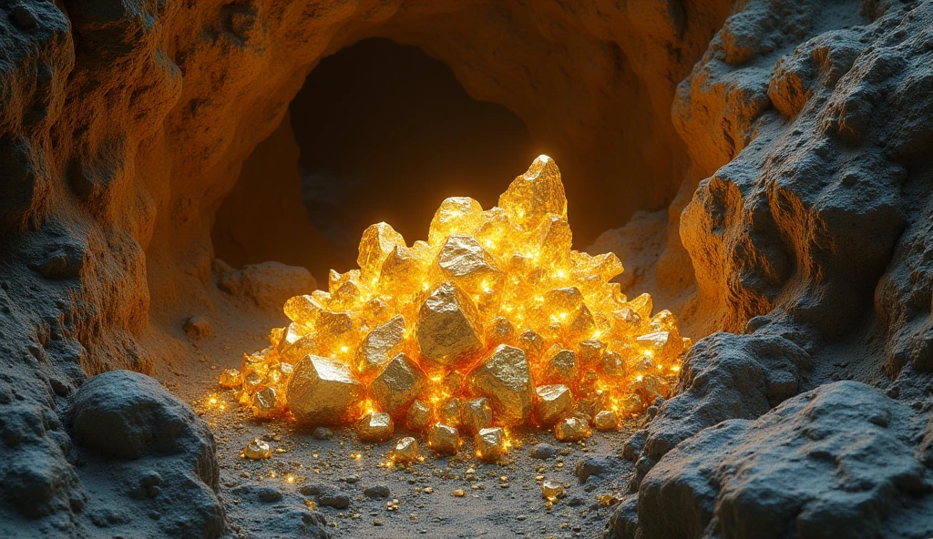 There are large pieces of gold and various crystal ores under the rocky ground.(best quality,4K,8k,High level,masterpiece:1.2),Ultra Detailed,(lifelike,Photo real,Photo real:1.37)