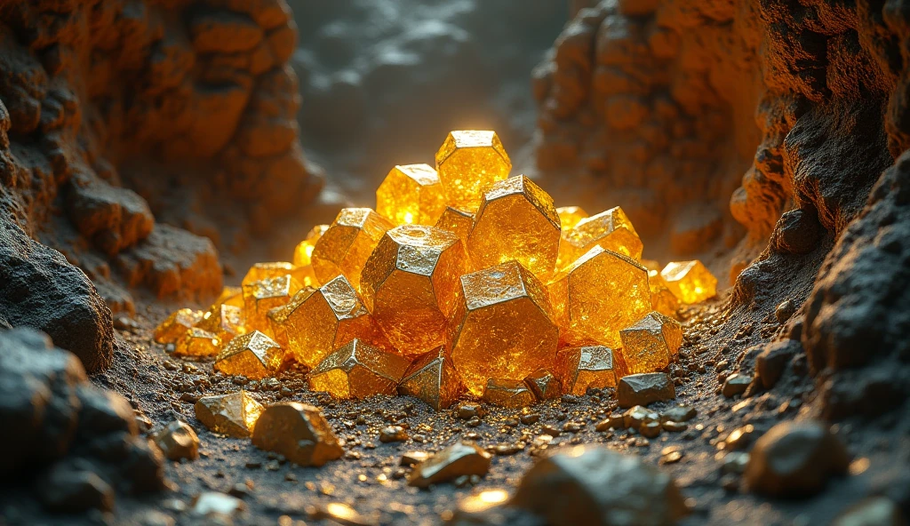 There are large pieces of gold and various crystal ores under the rocky ground.(best quality,4K,8k,High level,masterpiece:1.2),Ultra Detailed,(lifelike,Photo real,Photo real:1.37)