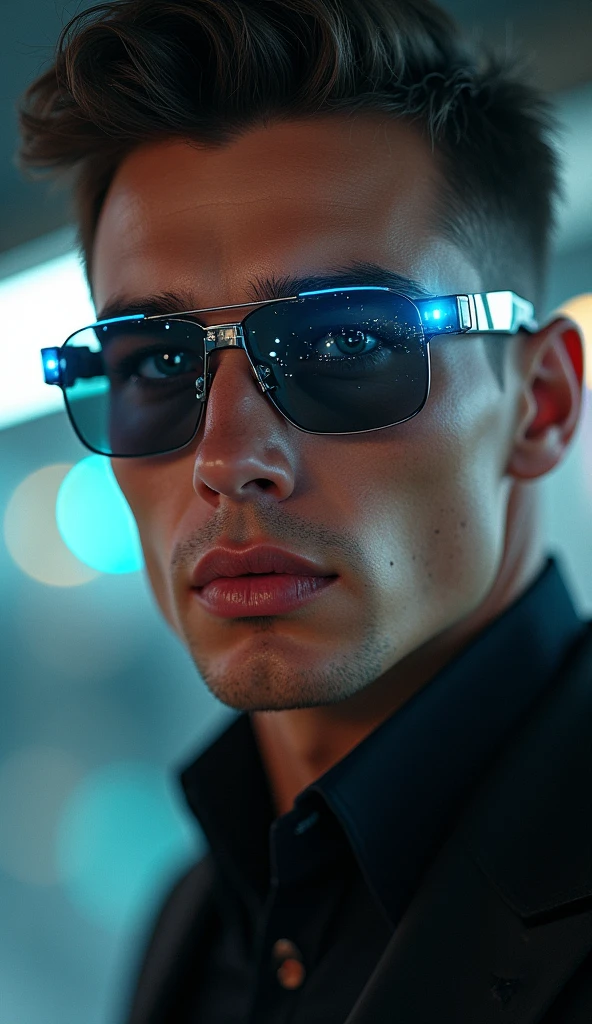 A handsome and elegant man with a strong body, wears futuristic cyber glasses, portrait photography, hyperrealistic digital art, cinematic lighting, Close-up focusing on the detailed face and glossy lips., cyber-punk aesthetic, Holographic data display on glasses with visible text &#39;facebook&#39;, 8k resolution, Photorealistic 3D rendering, shallow depth of field, dramatic shadows and lights, shiny textures, intricate details in the skin and hair, high contrast, vibrant colors, Lens flare effect, motion blur background, subtly visible cybernetic implants, Ultra-sharp focus on the eyes, Metallic shine on the glasses frame, retouched for perfection, Studio lighting setup, Captured with a high-end DSLR camera, Post-processed in advanced 3D software for greater realism and depth..