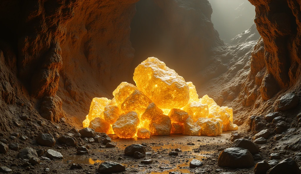 There are large pieces of gold and various crystal ores under the rocky ground.（best quality，4K，8k，High level，masterpiece：1.2），Ultra Detailed，（lifelike，Photo real，Photo real：1.37）