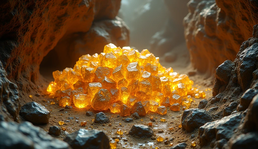 There are large pieces of gold and various crystal ores under the rocky ground.（best quality，4K，8k，High level，masterpiece：1.2），Ultra Detailed，（lifelike，Photo real，Photo real：1.37）