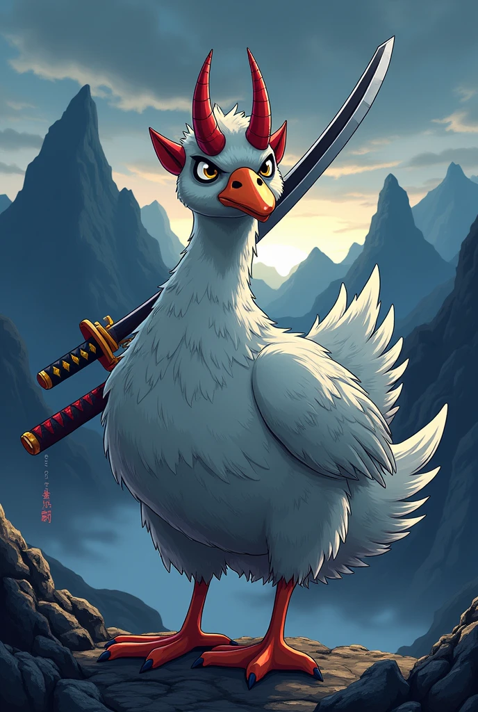 Cartoon Japanese style grey goose with katana on head devil horns on background of mountains in dark time of day 