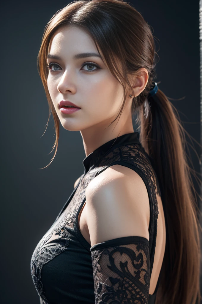 Close-up of a woman with a ponytail and a black dress, dynamic pose, (masterpiece, .CGI:1.4),(8K raw photo, best quality, masterpiece:1.2) super detailed official art,photorealistic:1.37, (outstanding, professional), masterpiece, best quality, ultra detailed,highres,high-resolution,4K,4Kportrait,8K,8Kportrait,unity8Kwallpaper,extremely detailed CG, realistic, RAW photo, real person, portrait photography, photorealistic, shiny skin, detailed skin, dynamic angle full body and dynamic angle wide shot, dynamic angle close-up, dynamic angle upper body, dynamic angle from above, dynamic angle from behind. supermodel, (Photorealistic:1.4), beautiful detailed, highly detailed eyes and face, beautiful detailed eyes, ridiculous, incredibly ridiculous, super detailed, high resolution, highly detailed, top quality, masterpiece, illustration, highly detailed, CG, unified, 8K wallpaper, amazing, fine detail, masterpiece, top quality, highly detailed CG unified 8K wallpaper, face light, movie lighting, surrealistic female portrait, magic lights, 32K resolution, action poses, realistic photography, dynamic lighting, art station, volume lighting, highly detailed face, awarded, shadows.