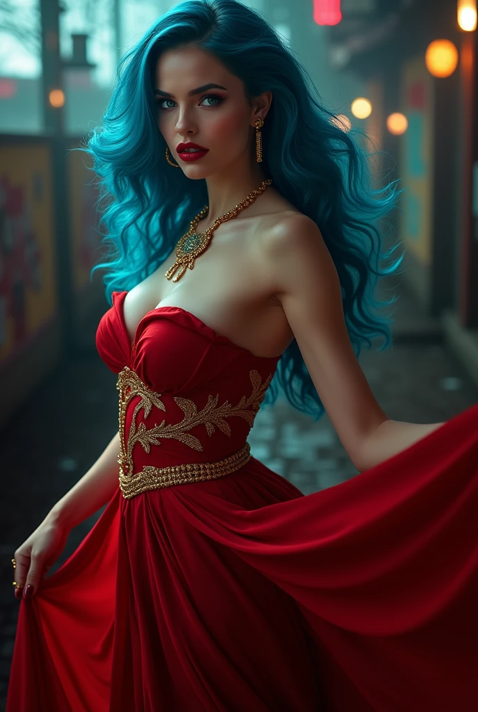 Extremely specific 4K photograph of a woman with Chanel blue hair, eyes black, seductive look and soft smile, red lipstick on the lips, golden accessories, wearing a long red dress in the horror park, gorgeous, seductive, dominessa