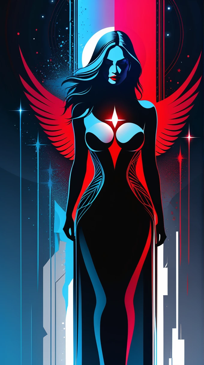 A woman symbolizing dark and rising up, psychology, manipulation, dark, red, black, neon, blue.