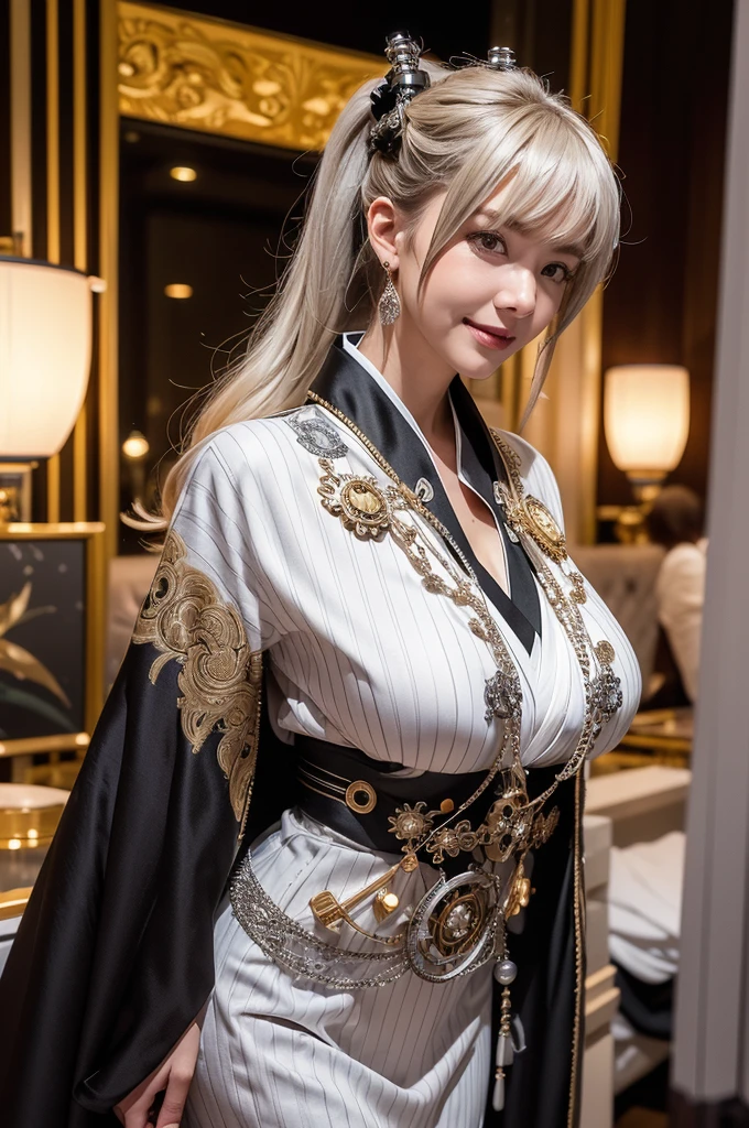 Woman portrait、Highest quality、8k, clear, Fine skin、Clear, beautiful eyes、The beauty of a smile、Bright beautiful face、whole body、Curly Hair、My hair was messed up by the wind、(Big Tits、Muscular、tall),(Hip_superior, Hip superior), Beauty,( Watching the audience),Realistic, High resolution, Soft Light,1 female, One person,(Champagne gold hair),ponytail,bangs,Fine Skin, Naughty look,((Open-neck steampunk kimono,medallion,Mature Woman,white dress shirt)),steampunk style、Costumes decorated with lots of gear and watches,(Silver and black stripes,Sailor-style armor with collar)、Beautiful Steampunk Guild Staff Costume Banker Uniform,(Silver and black mech,Silver Steampunk Kimono, High leg,Beads,elbow gloves、Gemstone Helmet,Luxurious obi,Lavish decoration)、((arms behind back)),(bokeh),(studio lighting)