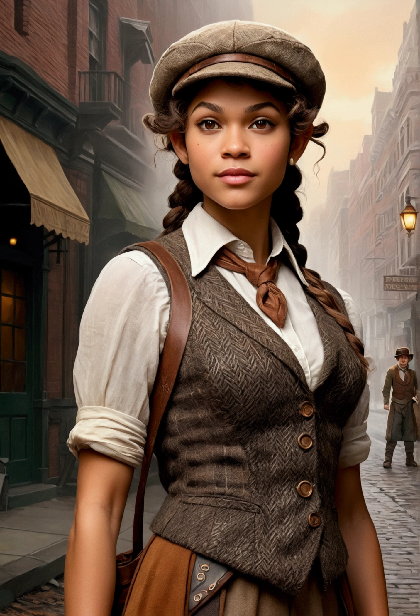 An illustrated movie poster, hand-drawn, full color, an elven maiden, wearing a tweed vest and a newsie cap, tall, toned, amazonian stature, athletic hourglass figure, busty ?????, long pointy elf ears, amber eyes, dark hair, curly bob cut, warm almond skintone, freckles, resembles Zendaya, standing on a foggy Victorian-era street corner, graphite shading, stencil marks, airbrushed acrylic paint, masterpiece, elf ears