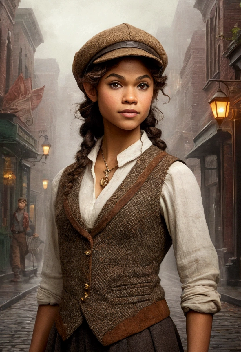 An illustrated movie poster, hand-drawn, full color, an elven maiden, wearing a tweed vest and a newsie cap, tall, toned, amazonian stature, athletic hourglass figure, busty bosom, long pointy elf ears, amber eyes, dark hair, curly bob cut, warm almond skintone, freckles, resembles Zendaya, standing on a foggy Victorian-era street corner, graphite shading, stencil marks, airbrushed acrylic paint, masterpiece, elf ears