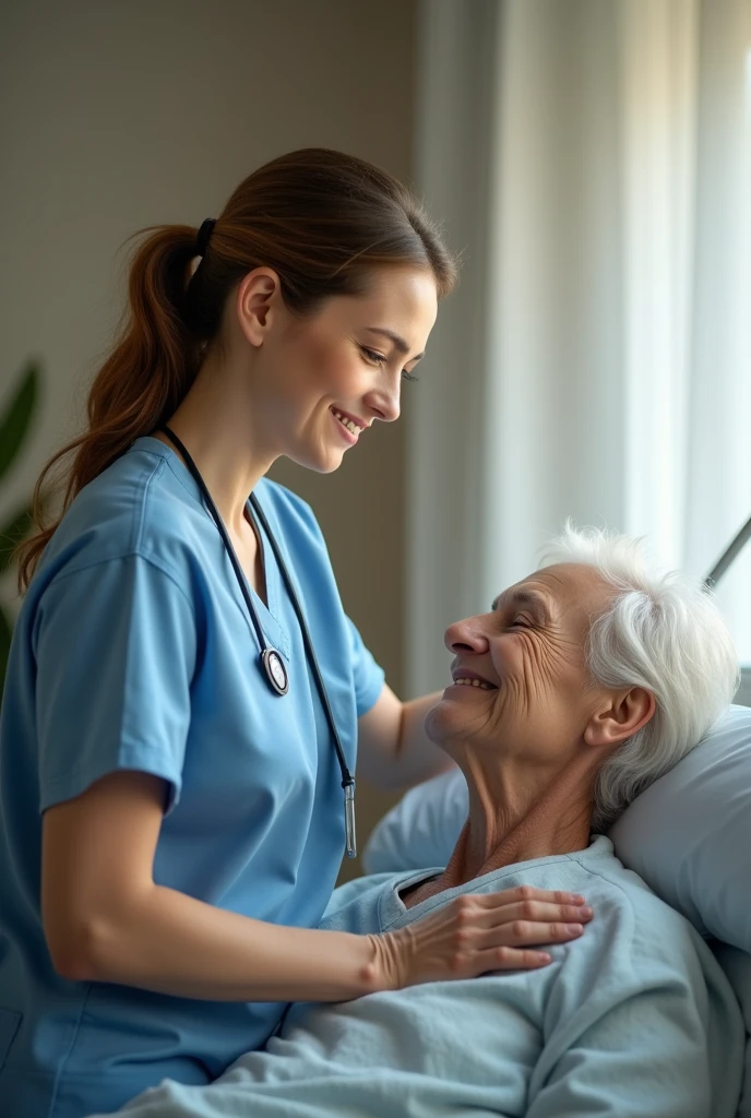 Caregiver of patient multiple photo at the home and hospital lady and jens staff