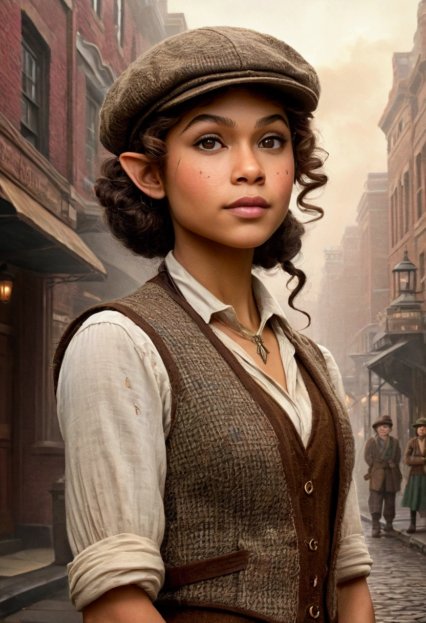 An illustrated movie poster, hand-drawn, full color, an elven maiden, wearing a tweed vest and a newsie cap, tall, toned, amazonian stature, athletic hourglass figure, bosomg pointy elf ears, amber eyes, dark hair, curly bob cut, warm almond skintone, freckles, resembles Zendaya, standing on a foggy Victorian-era street corner, graphite shading, stencil marks, airbrushed acrylic paint, masterpiece, elf ears
