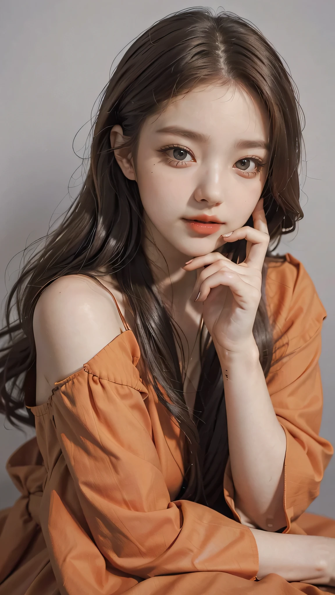 Girl wearing, luxury orange coat, shoulder length hair, wavy hair, glowing skin, star in eye, red lips, grey  background, cute poses , upper body.