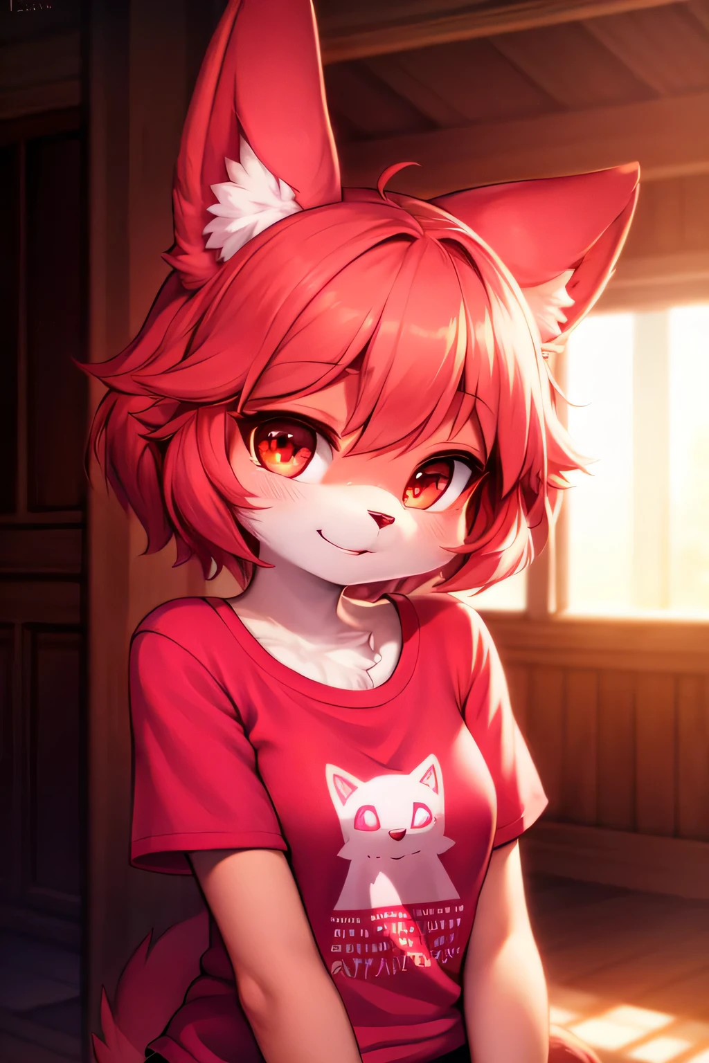 fluffy, pink fur, very cute face, Red elements on fur, Pink T-shirt, Beautiful lights and shadows, ambient light, Ultra detailed fur, volumetric light